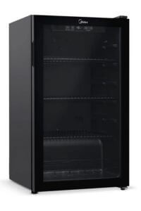 Frente da cervejeira Midea Flex 96L, porta de vidro triplo fechada, controle digital, tecnologia Frost Free, ideal para cerveja, vinho ou refrigerante.