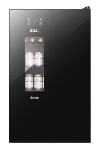Frente da cervejeira Eos Bierhaus 100 litros com porta de vidro preto, visor, controle digital, funções Turbo e Eco Férias, ideal para armazenar suas bebidas.