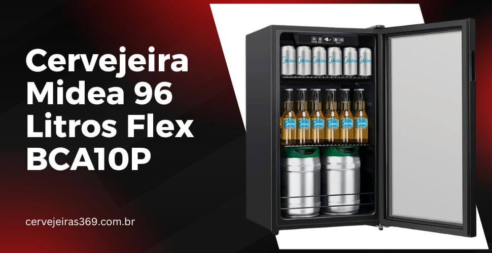 cervejeira midea flex 96 litros bca10p parte da frete porta de vidro aberta com cerveja dentro