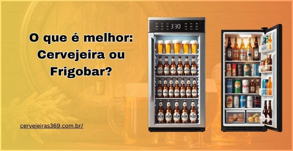 Comparação detalhada entre uma cervejeira moderna e um frigobar compacto, destacando tamanho e capacidade de armazenamento
