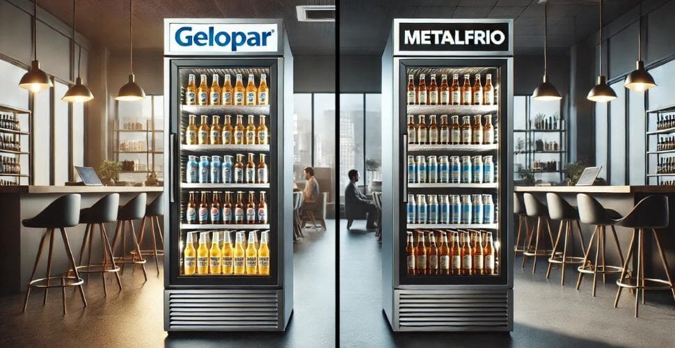 Cervejeiras comerciais Gelopar e Metalfrio lado a lado, destacando design e capacidade em um ambiente comercial.