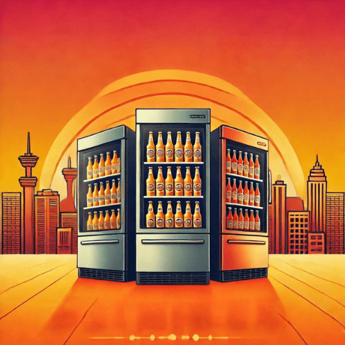 Três cervejeiras modernas cheias de garrafas de cerveja, posicionadas em frente a um fundo laranja com silhueta de cidade.