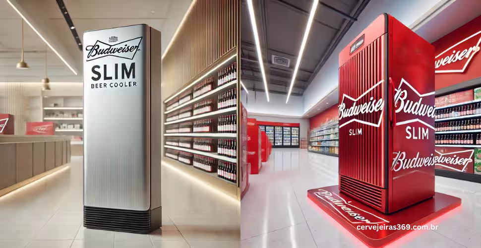 2 Cervejeira Budweiser Slim original exibida em uma loja moderna, refletindo estilo e funcionalidade.