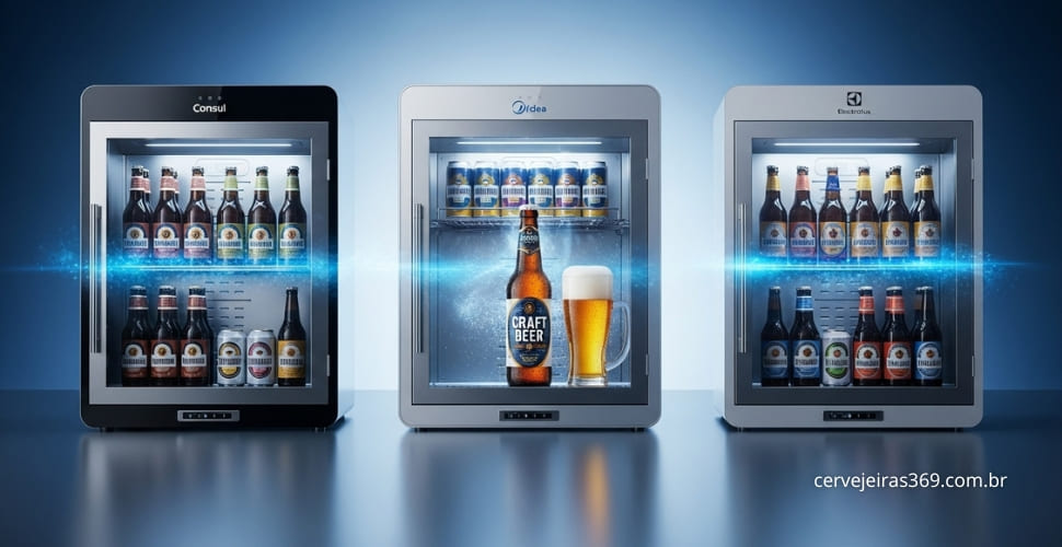 Três modelos de cervejeiras modernas lado a lado, representando as melhores de 2025, com um copo de cerveja gelada em primeiro plano, ilustrando a análise completa das marcas Consul, Midea e Electrolux.